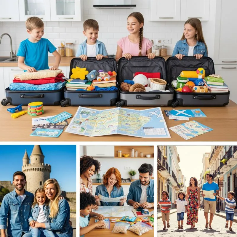 Une famille heureuse planifie un voyage et fait ses valises dans un salon lumineux