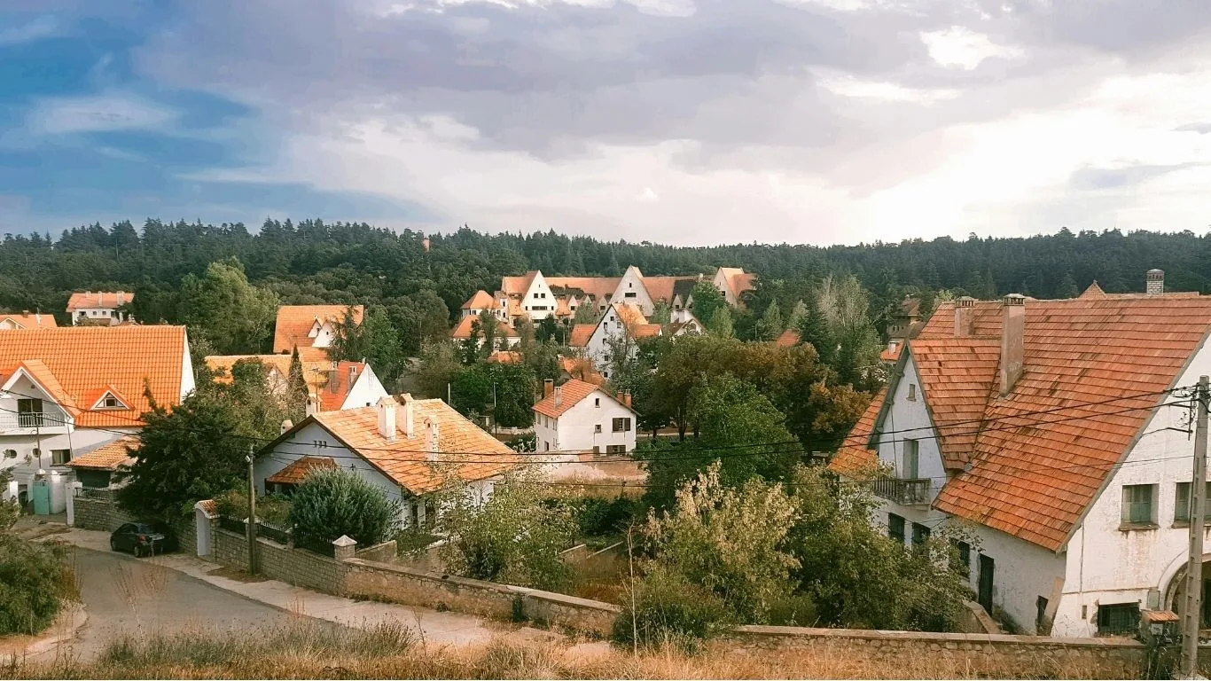 Maisons aux toits de tuiles rouges, nichées au cœur des arbres, dans la ville marocaine d'Ifrane.
